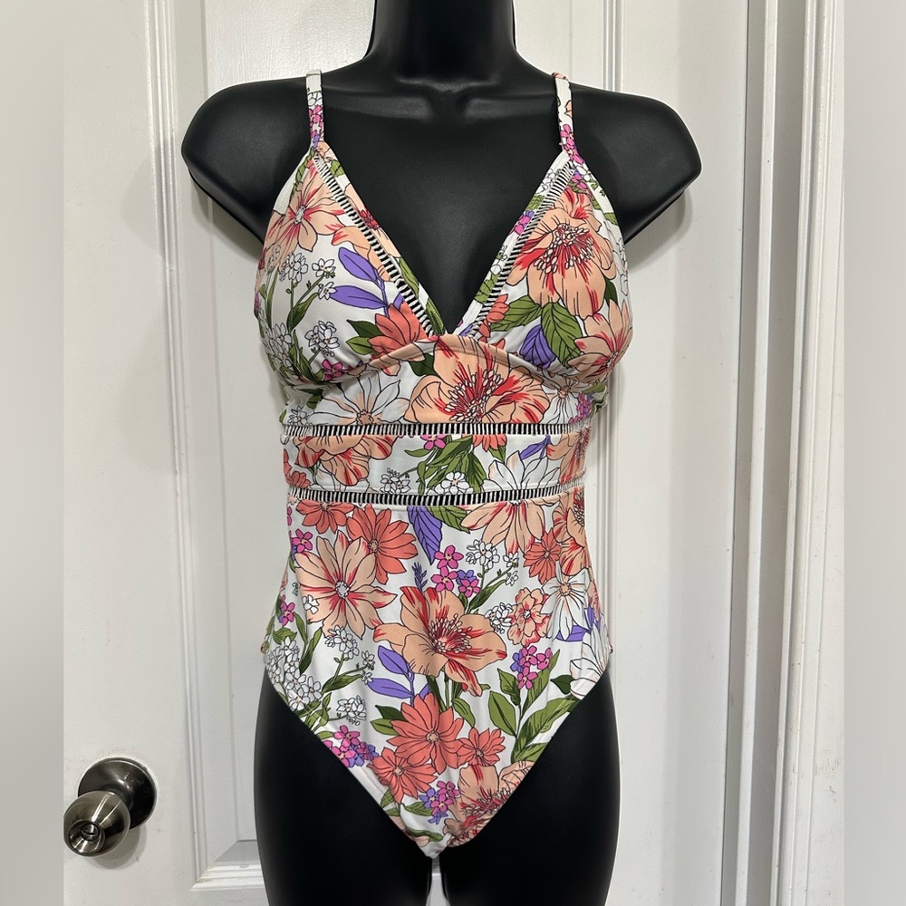 NWT Floral One-Piece Women’s Swimsuit in White with Coral & Purple Flowers